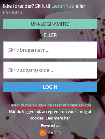 ForældreIntra-login. Under LOGIN-knappen står Hjælp til nye brugere og reset af adgangskode.