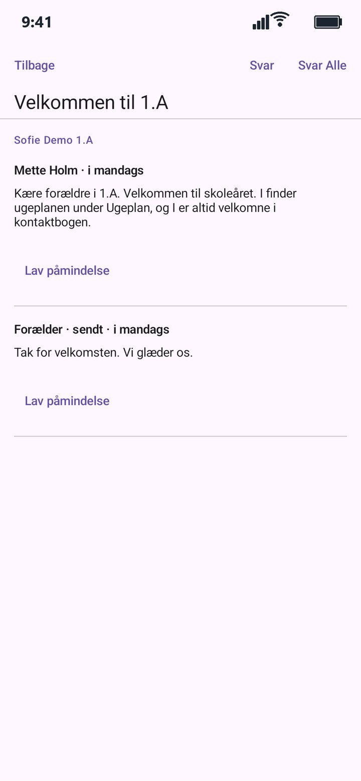 En beskedtråd med knappen Lav påmindelse under beskeden.
