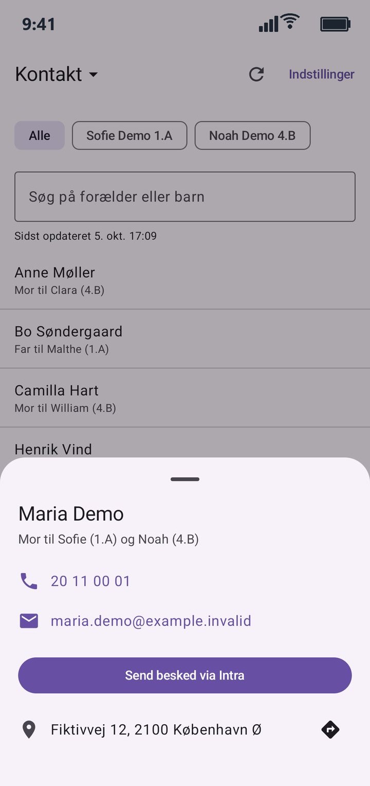 Et opslag på en forælder med telefon, mail, rute og Send besked via Intra.