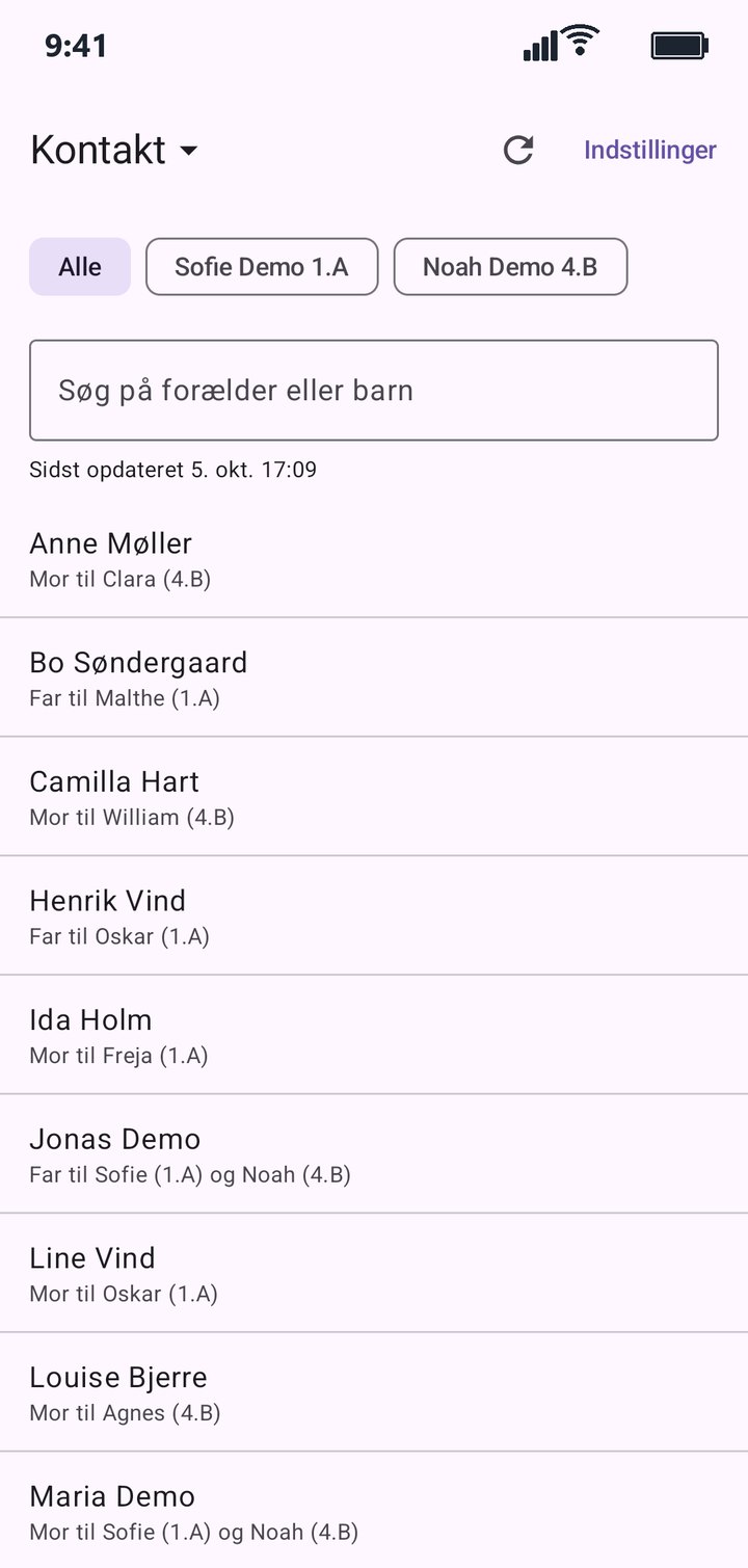 Kontaktlisten, alfabetisk, med søgning på forælder eller barn.